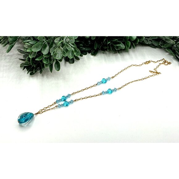 Gold Tone Chain Necklace With Aqua Glass Beads and Teardrop Pendant - Picture 2 of 5